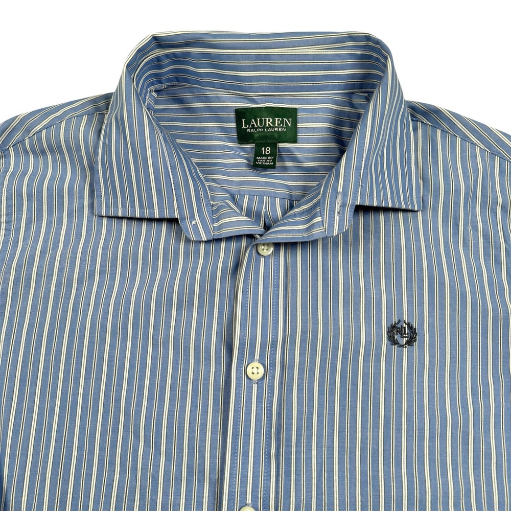 Ralph Lauren Button Up Shirt Boys‎ 18 Blue White Striped Crest Logo Long Sleeve